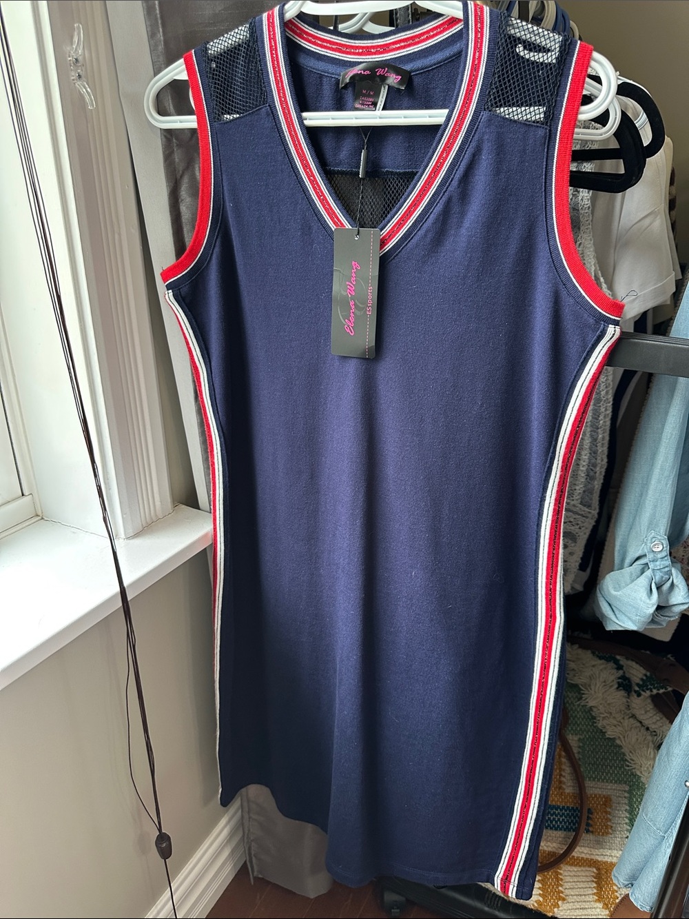 Sz M🇨🇦NWT Elena Wang Blue White & Red Trimmed Sleeveless Sporty Dress PTP 18”